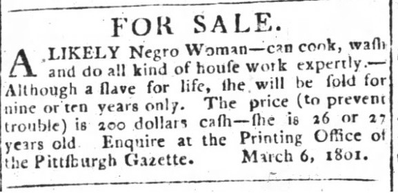 Anonymous Pittsburgh advertisement to sell an enslaved woman.